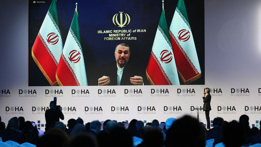 CNN's Becky Anderson interviews Iran's Minister of Foreign Affairs Hossein Amir Abdollahian over a videocall during the Doha Forum in the Qatari capital on December 11, 2023. (Photo by SALIM MATRAMKOT / AFP) (Photo by SALIM MATRAMKOT/AFP via Getty Images)